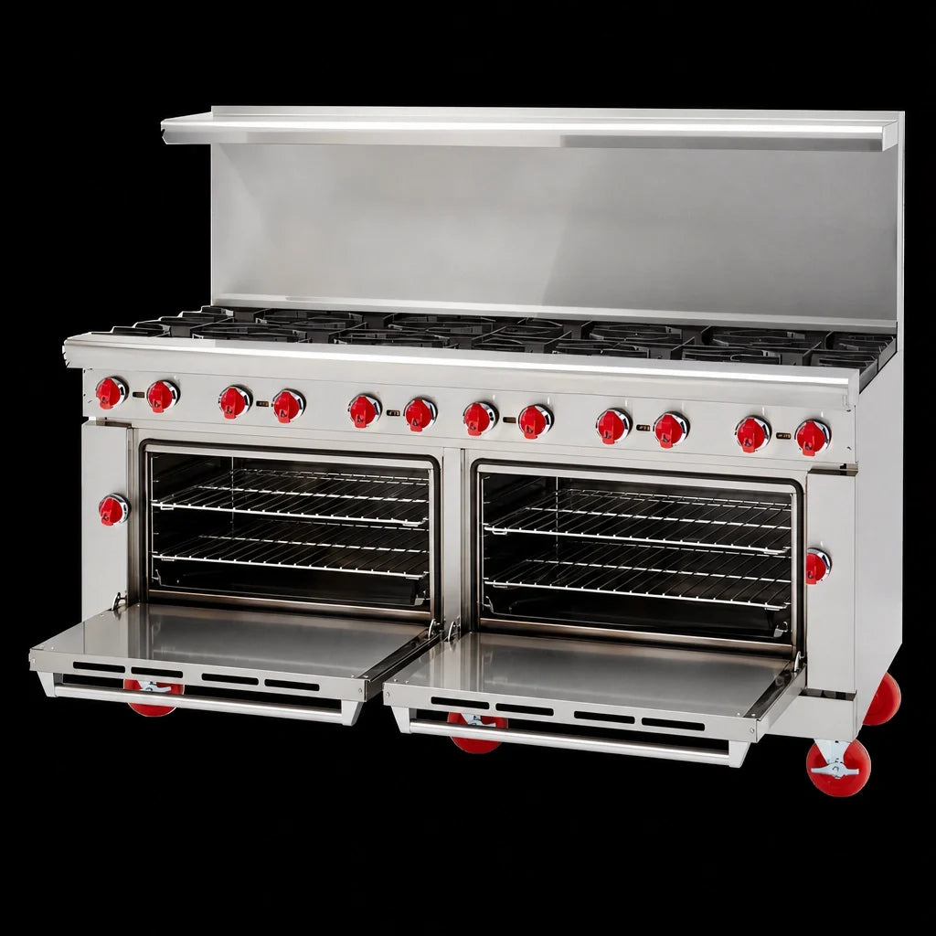American Range AR-12 72-Inch Commercial Gas Range with 12 Open Burners, 2 Standard Ovens, Stainless Steel Front & Sides, and Back Riser Shelf