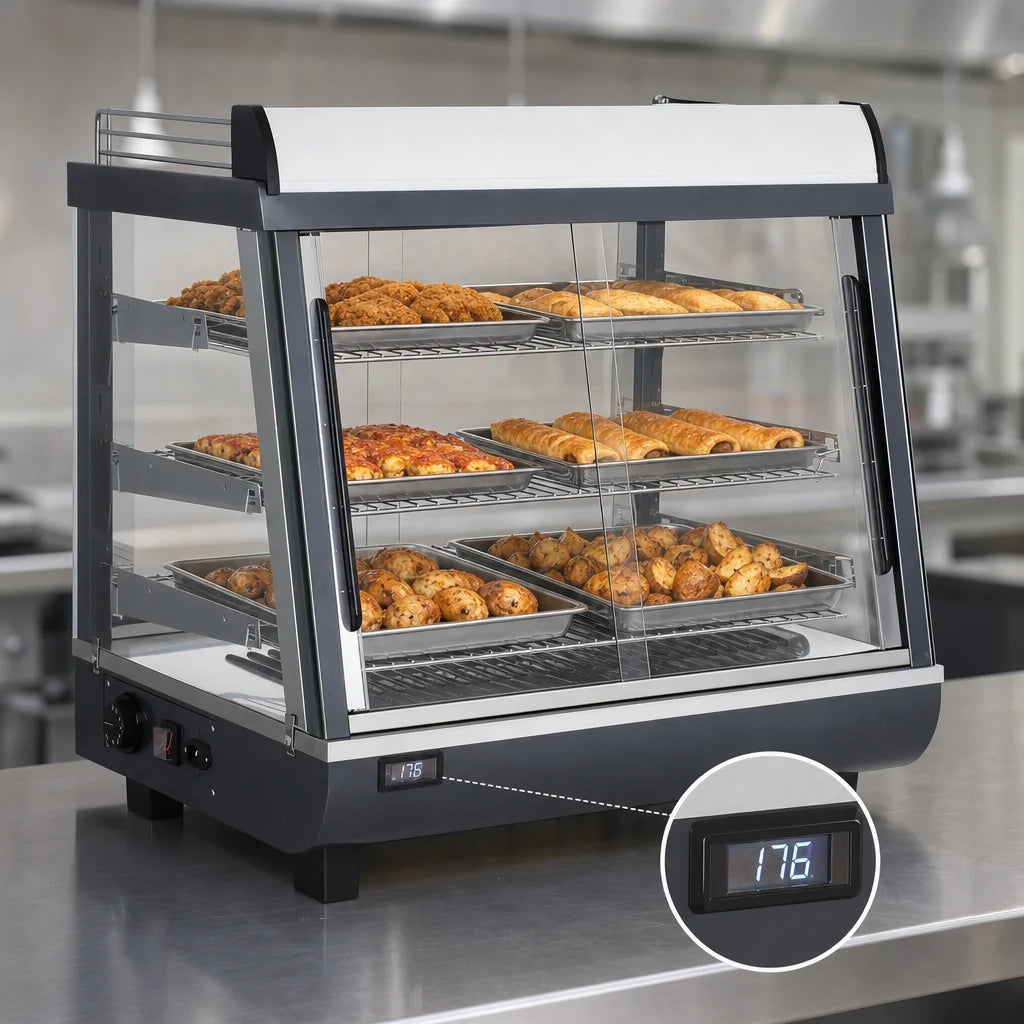 DoughXpress BakeryXpress DXP-TSC27 27-Inch Heated Countertop Self-Service Hot Food Display Case, 3 Adjustable Shelves, 85-190°F