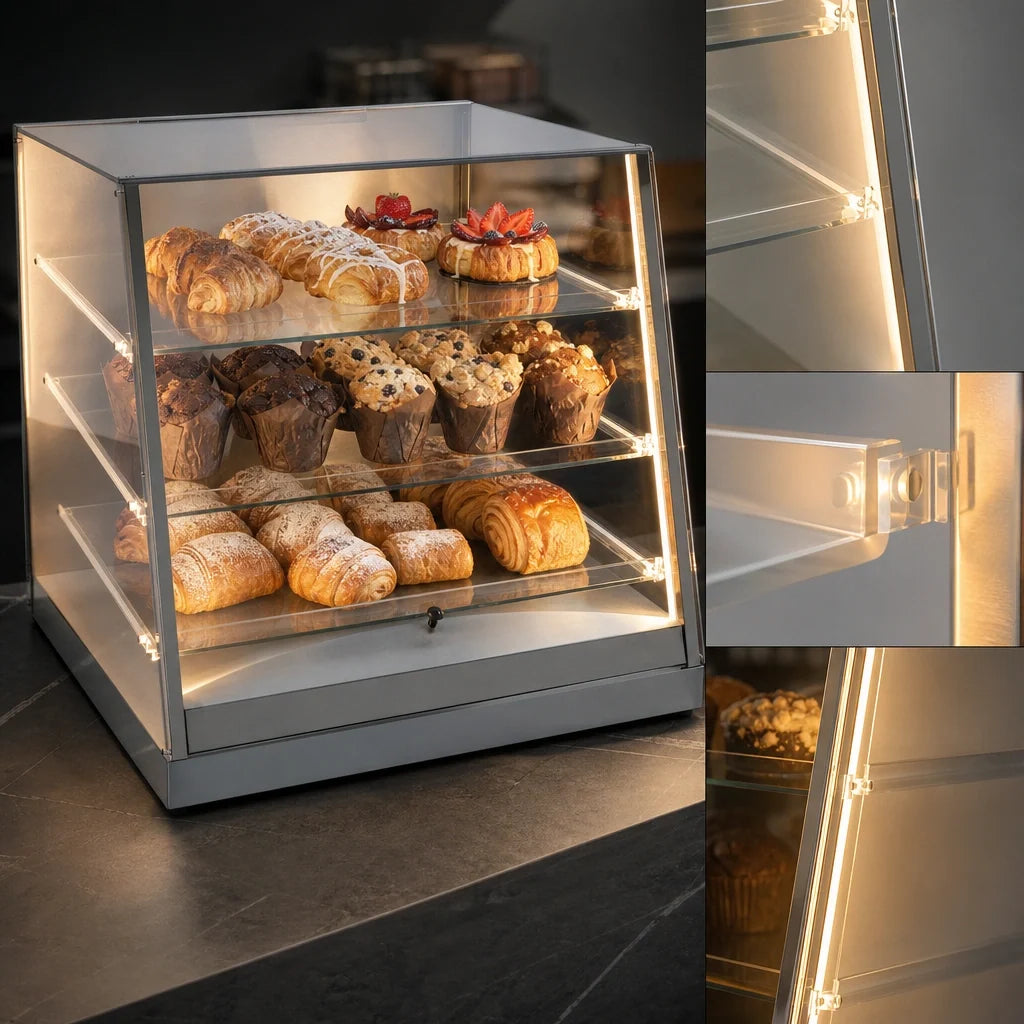 Antunes DC-27L-9500701 Countertop Pastry Display Case, Full-Service, 3-Tier Acrylic with Lighting