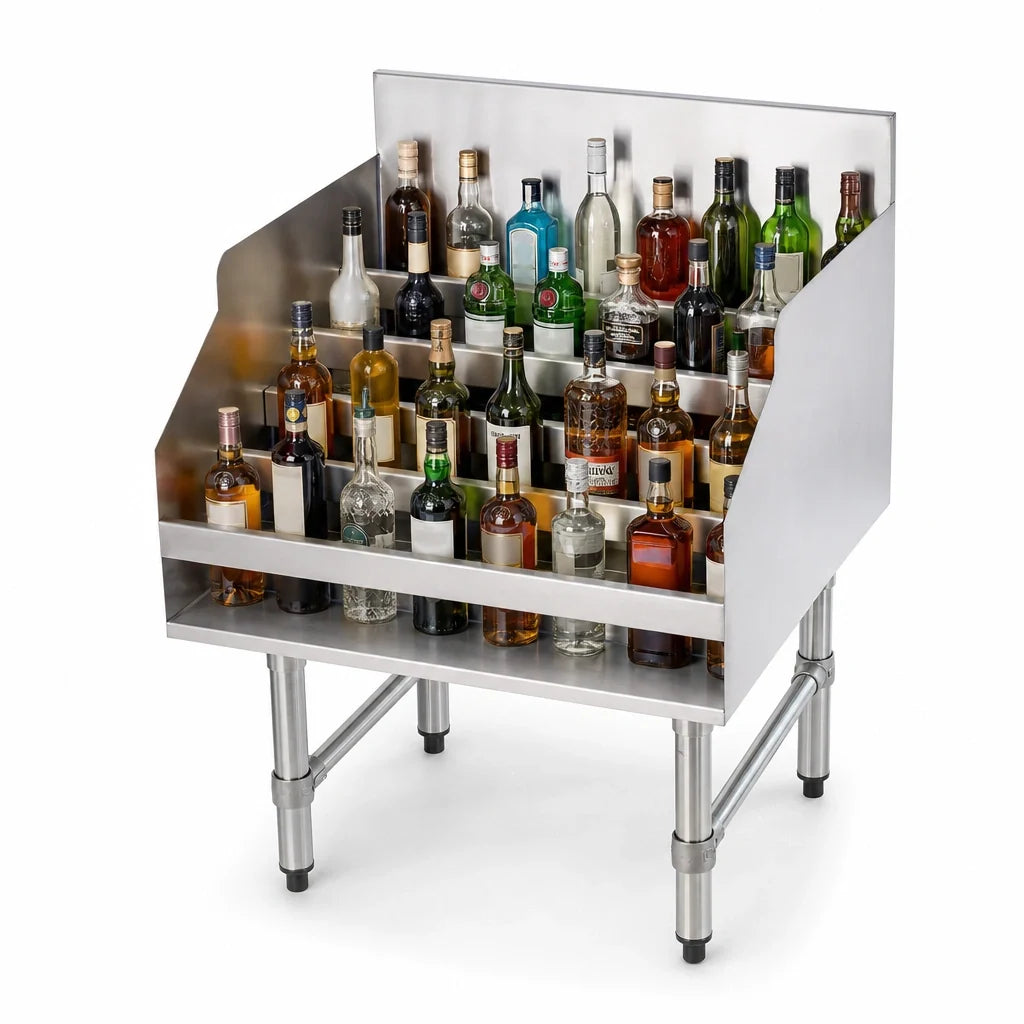 Advance Tabco Special Value Series LD-1824-X Freestanding Stainless Steel 5-Step Liquor Bottle Display, Approximately 30-Bottle Capacity