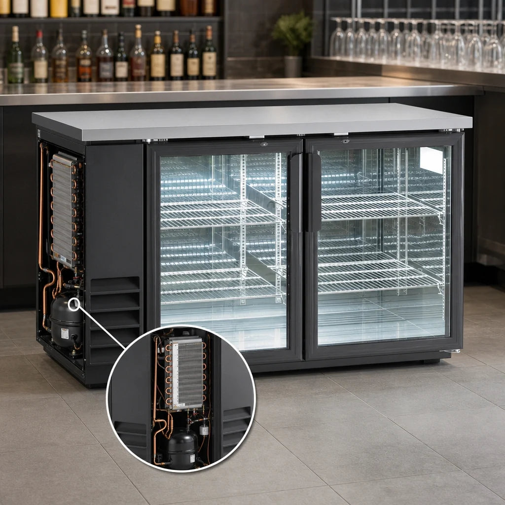 Arctic Air ABB60G Two-Section Glass Door Back Bar Refrigerator, 61-Inch, 16.7 Cu. Ft., Black, Side-Mounted Self-Contained