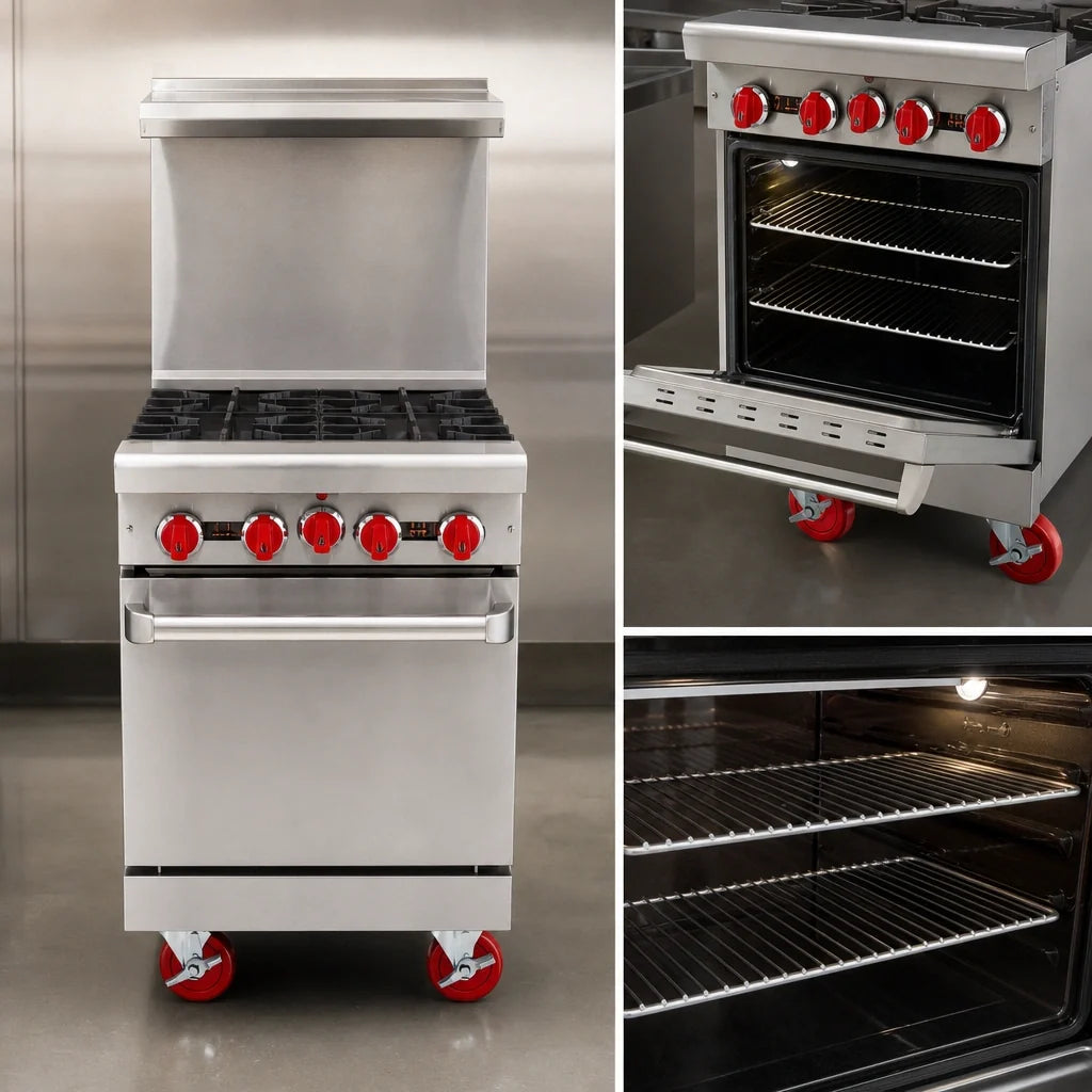 American Range AR-4 24-Inch Gas Restaurant Range with 4 Open Burners, 20-Inch Space Saver Oven and Back Riser Shelf
