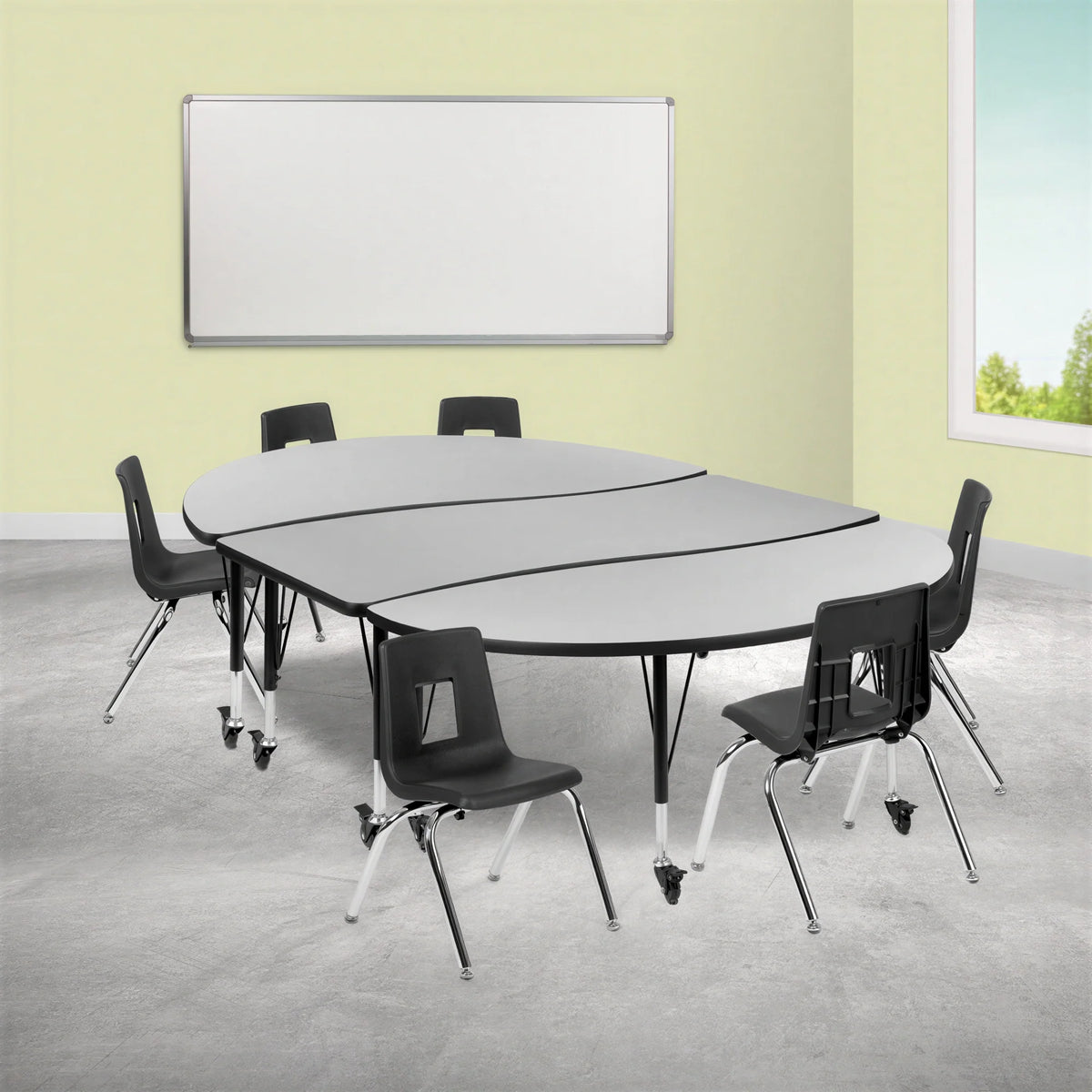 Flash Furniture Emmy XU-GRP-14CH-A3060CON-60-GY-T-P-CAS-GG Adjustable-Height Oval Activity Table with 6 Stack Chairs, Gray/Black Laminate