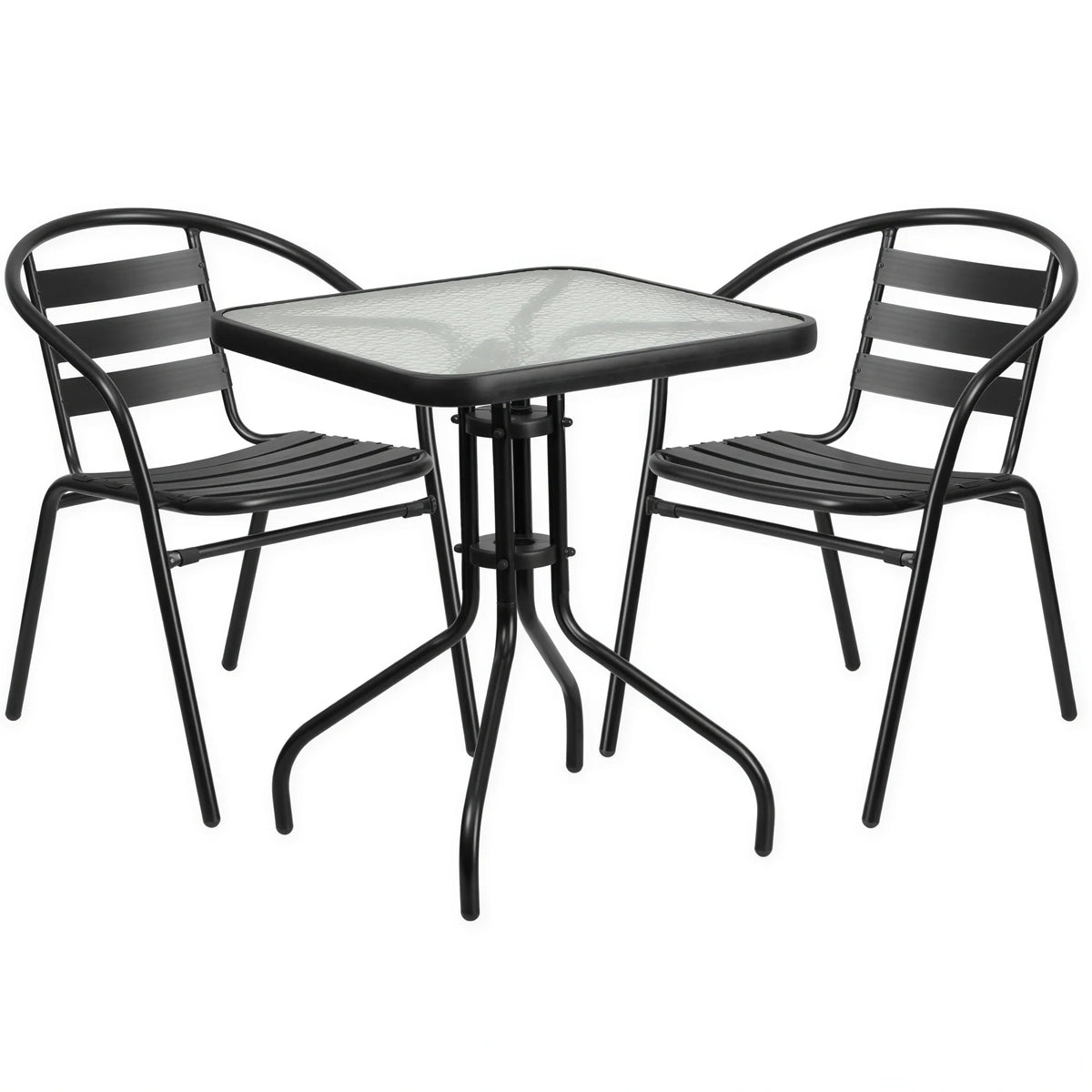 Flash Furniture TLH-0731SQ-017CBK2-GG Square 28" Table and 2 Black Stacking Armchairs Set with Glass Top
