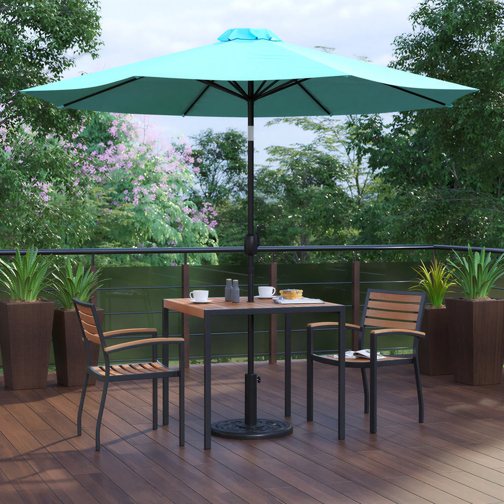Flash Furniture XU-DG-810060062-UB19BTL-GG Patio Square Dining Table Set with Synthetic Teak Slotted Top, Teal Umbrella, Base & 2 Stacking Chairs