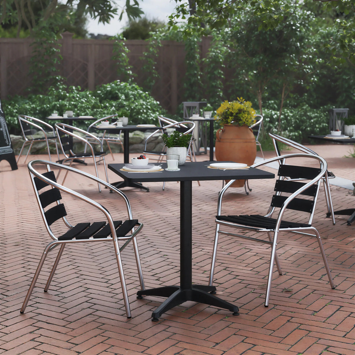 Flash Furniture TLH-ALUM-28SQ-017BK2-GG Square Metal Table Set with Two Black Aluminum Slat-Back Chairs