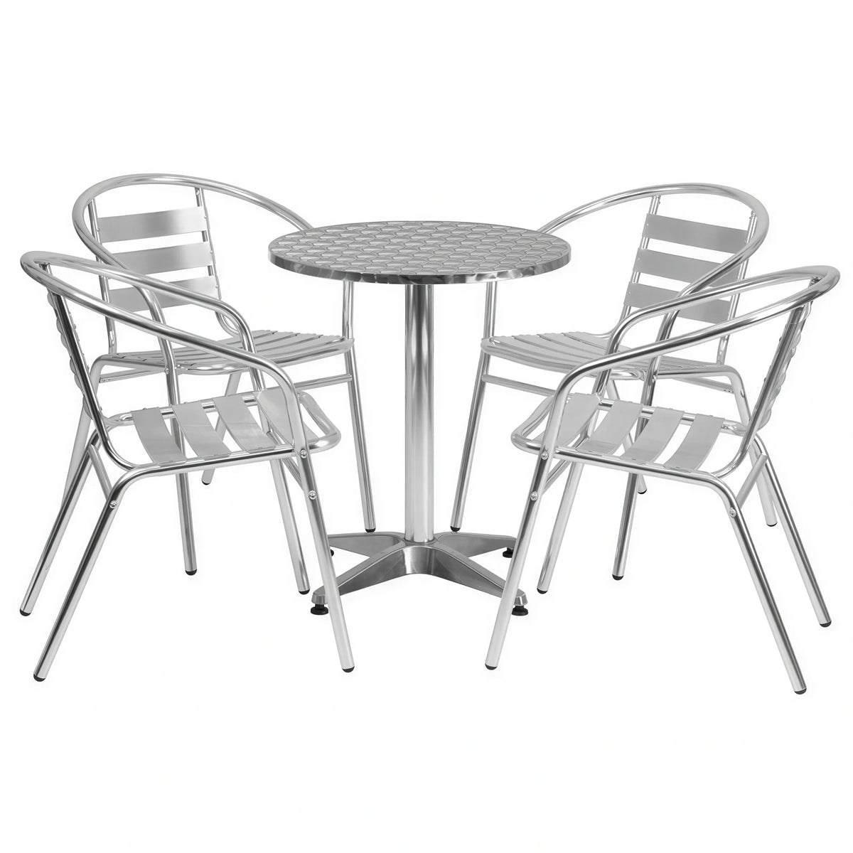 Flash Furniture TLH-ALUM-24RD-017BCHR4-GG Round Stainless-Steel-Top Aluminum Table Set with 4 Stacking Arm Chairs
