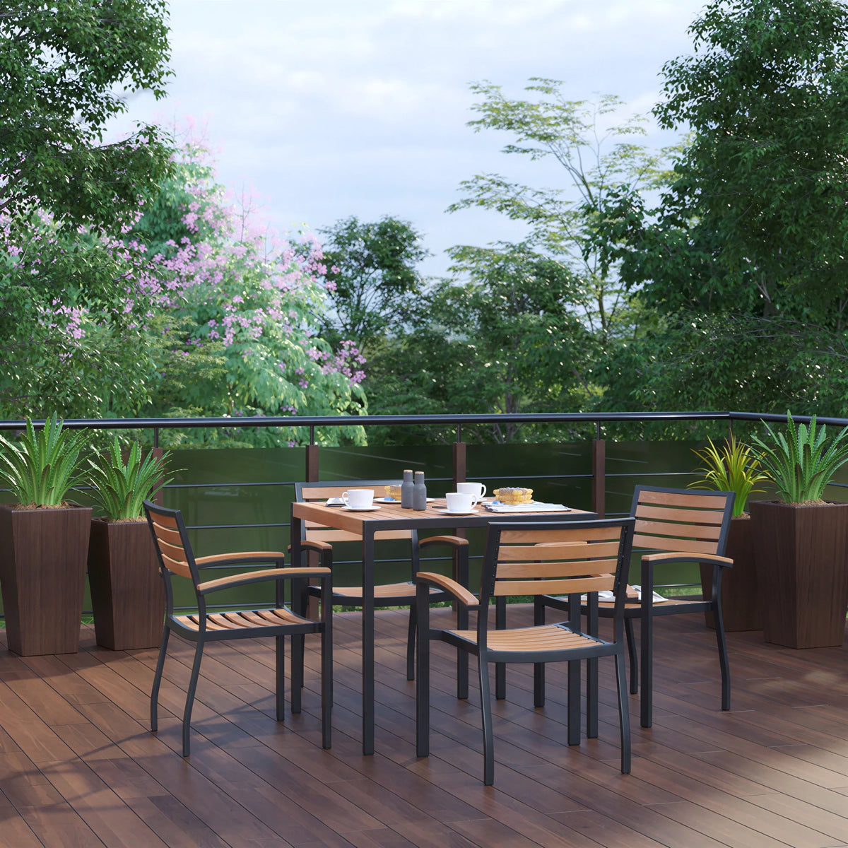 Flash Furniture XU-DG-810060064-GG Patio Dining Table Set, 35" Square Synthetic Teak Table with Umbrella Hole and 4 Stacking Chairs