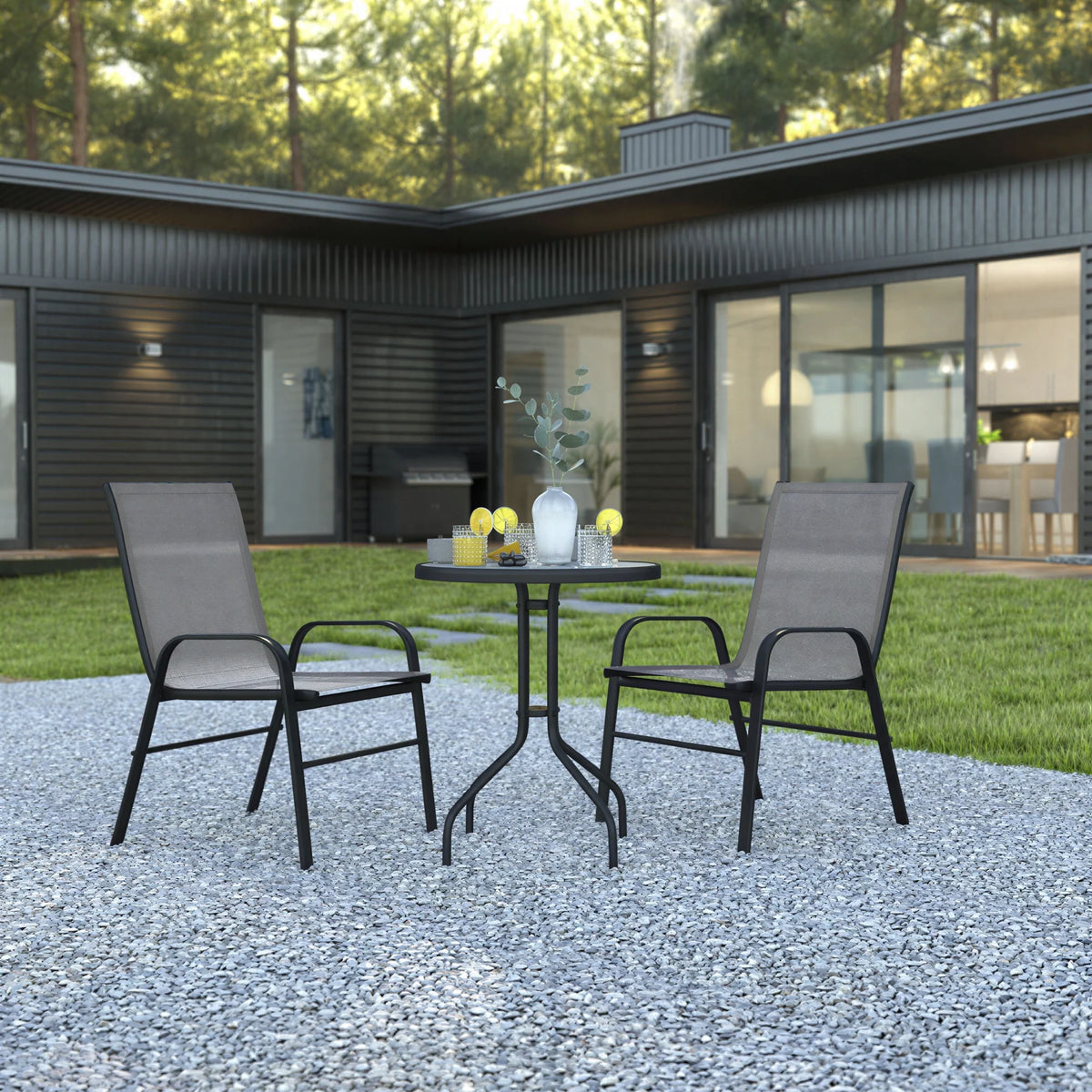 Flash Furniture TLH-0701303C-GY-GG 3-Piece Outdoor Patio Dining Set with 23.75-Inch Round Tempered Glass Table and 2 Gray Stack Chairs