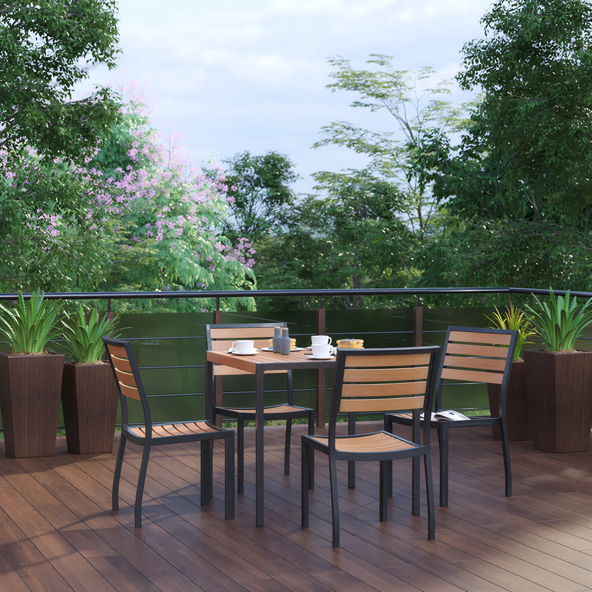 Flash Furniture XU-DG-810060364-GG 35" Square Patio Dining Table Set with Synthetic Teak Slotted Top, Umbrella Hole and 4 Stacking Chairs