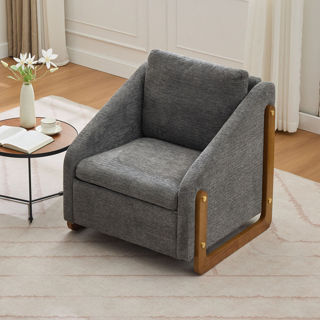 Modern Upholstered Armchair with Wooden Side Frame - Beige, Dark Gray, Blue