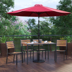 Flash Furniture XU-DG-304860364-UB19BRD-GG Patio Dining Table Set, 48 x 30 in Rectangular Synthetic Teak Table, 4 Stacking Chairs, Red Umbrella