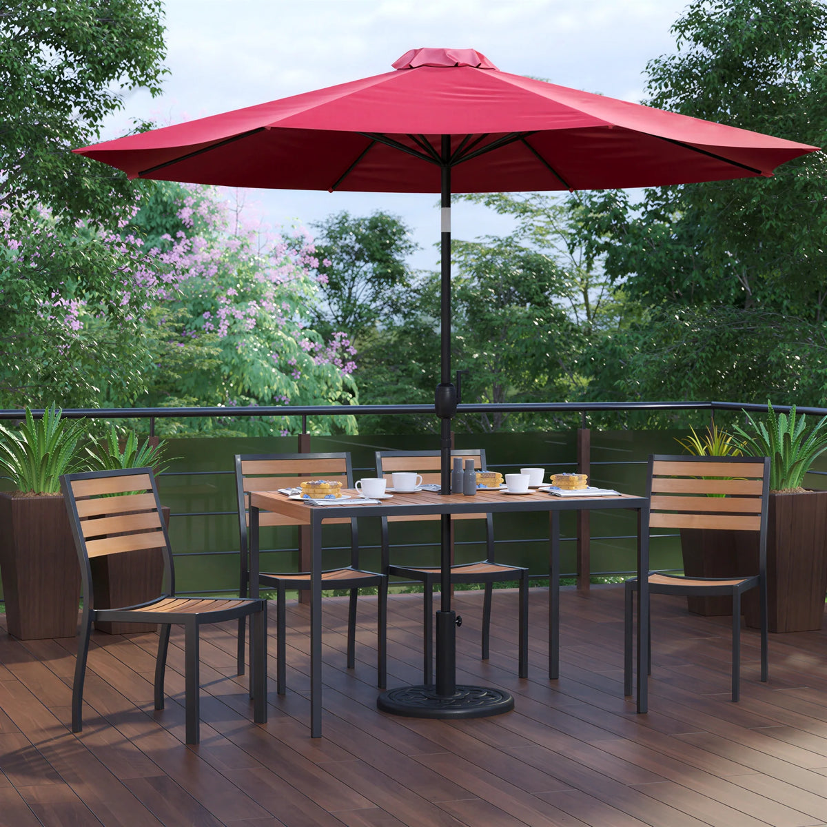 Flash Furniture XU-DG-304860364-UB19BRD-GG Patio Dining Table Set, 48 x 30 in Rectangular Synthetic Teak Table, 4 Stacking Chairs, Red Umbrella