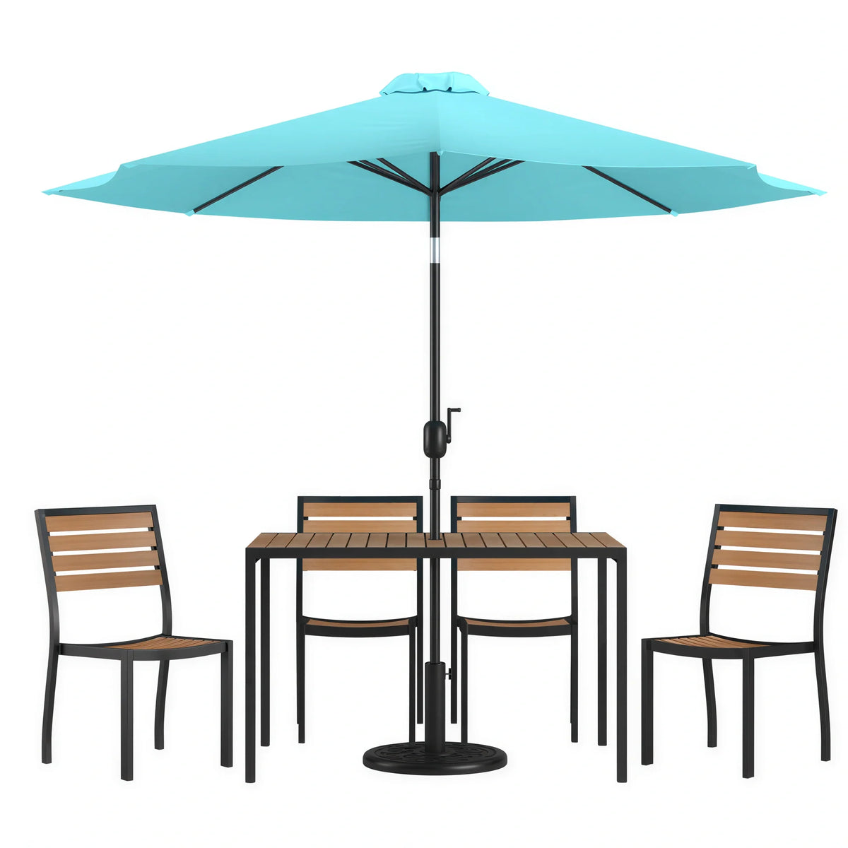 Flash Furniture XU-DG-304860364-UB19BTL-GG Patio Dining Table Set, 48"W x 30"D Rectangular Faux Teak Table, Teal Umbrella, 4 Stacking Chairs