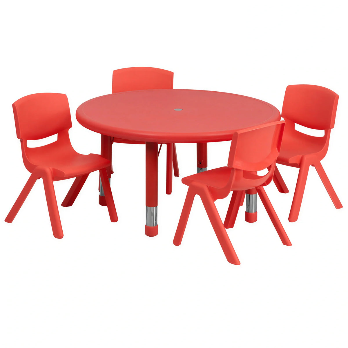 Flash Furniture YU-YCX-0073-2-ROUND-TBL-RED-E-GG Preschool Round Activity Table Set with 4 Red Stacking Chairs, 33" Adjustable-Height Table
