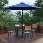 Flash Furniture XU-DG-810060364-UB19BNV-GG Patio Dining Table Set, 35" Square Synthetic Teak Table, Navy Umbrella, 4 Faux Teak Chairs