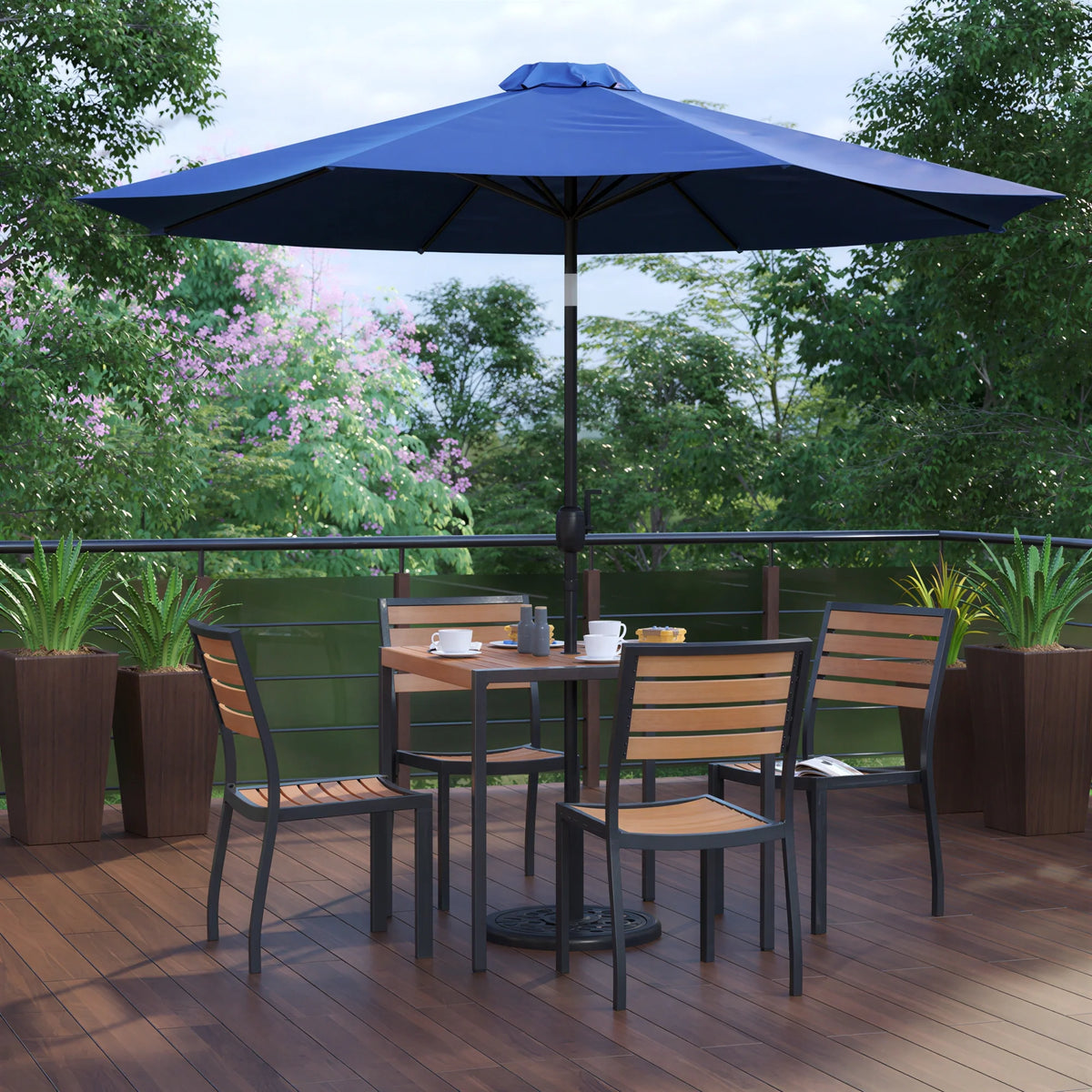 Flash Furniture XU-DG-810060364-UB19BNV-GG Patio Dining Table Set, 35" Square Synthetic Teak Table, Navy Umbrella, 4 Faux Teak Chairs