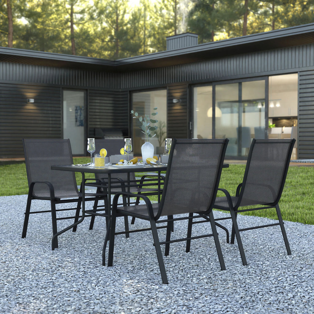 Flash Furniture TLH-089REC-303CBK4-GG 5-Piece Outdoor Patio Dining Set with 55-Inch Tempered Glass Table and 4 Black Flex Chairs