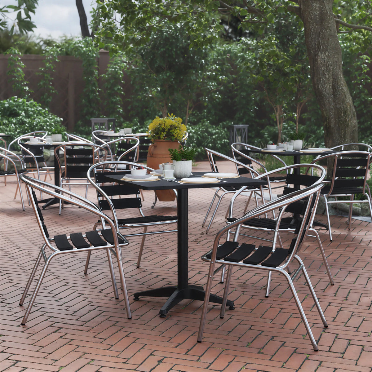 Flash Furniture TLH-ALUM-28SQ-017BK4-GG Square Metal Table Set with Four Black Aluminum Slat-Back Chairs