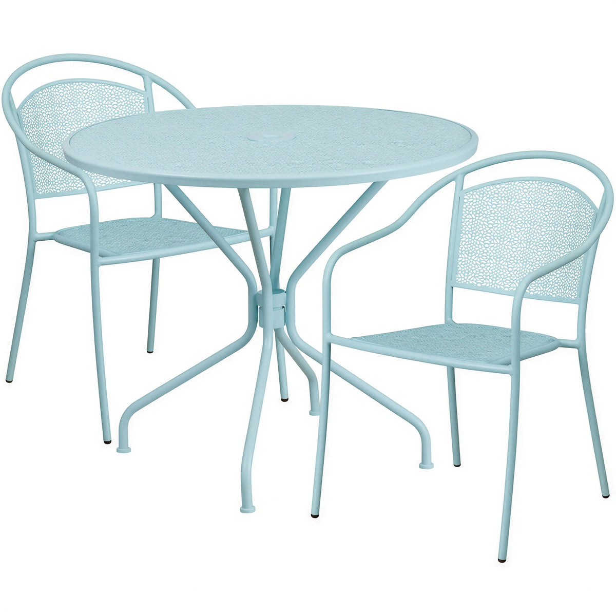 Flash Furniture CO-35RD-03CHR2-SKY-GG Round Steel Patio Table Set with 2 Stacking Arm Chairs, 35-1/4" Dia., 28-3/4"H, Sky Blue