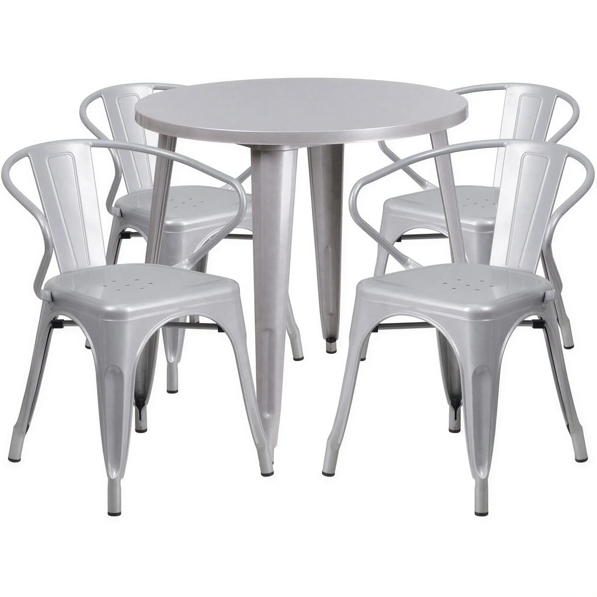 Flash Furniture CH-51090TH-4-18ARM-SIL-GG Round 30" Table and 4 Metal Chairs Set, 29-1/2"H, Integrated Arms, Silver