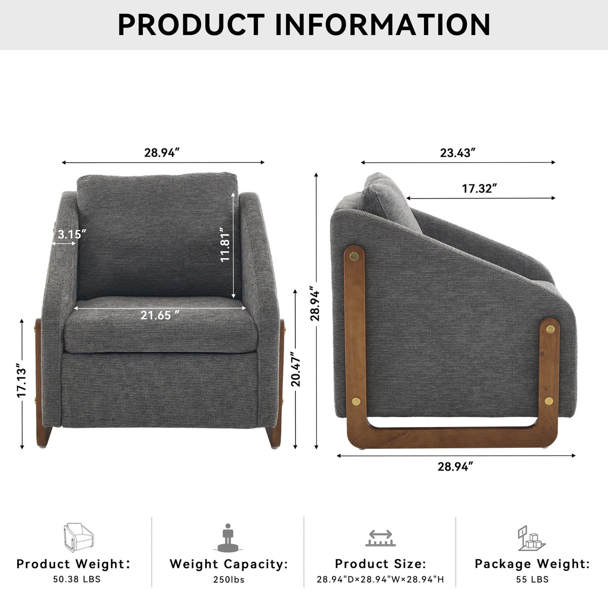 Modern Upholstered Armchair with Wooden Side Frame - Beige, Dark Gray, Blue