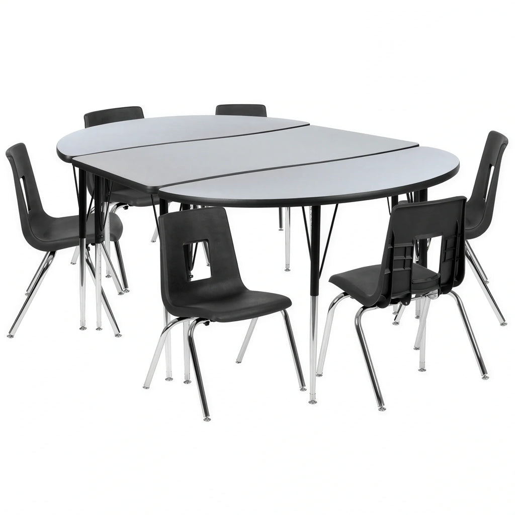 Flash Furniture Emmy XU-GRP-16CH-A3048CON-48-GY-T-A-GG Adjustable-Height Oval Laminate Activity Table with 6 Stack Chairs, Gray/Black