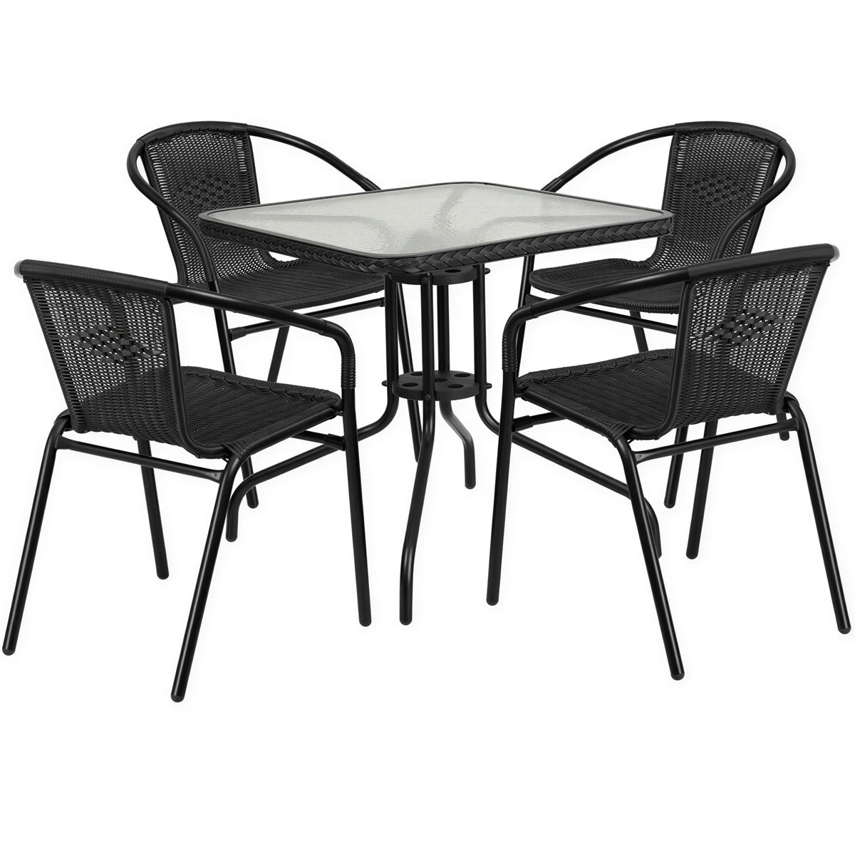 Flash Furniture TLH-073SQ-037BK4-GG Square 28-Inch Glass-Top Table Set with 4 Stacking Black Rattan Cafe Armchairs