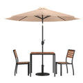 Flash Furniture XU-DG-810060362-UB19BTN-GG 35" Square Patio Dining Table Set with Tan Umbrella, Base and 2 Faux Teak Chairs