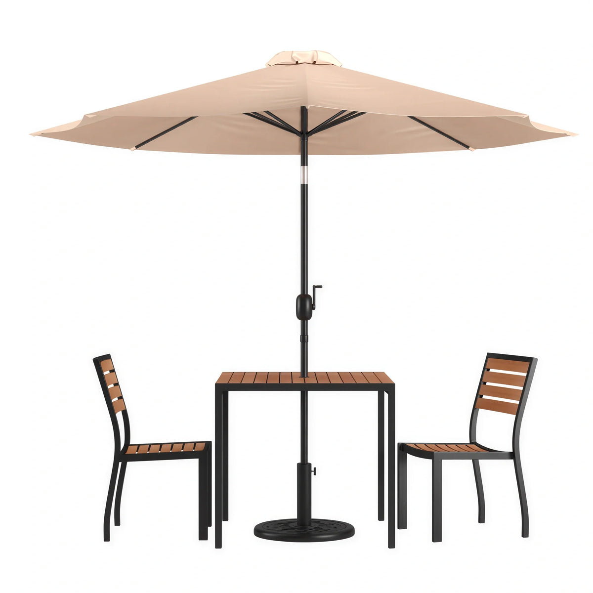 Flash Furniture XU-DG-810060362-UB19BTN-GG 35" Square Patio Dining Table Set with Tan Umbrella, Base and 2 Faux Teak Chairs