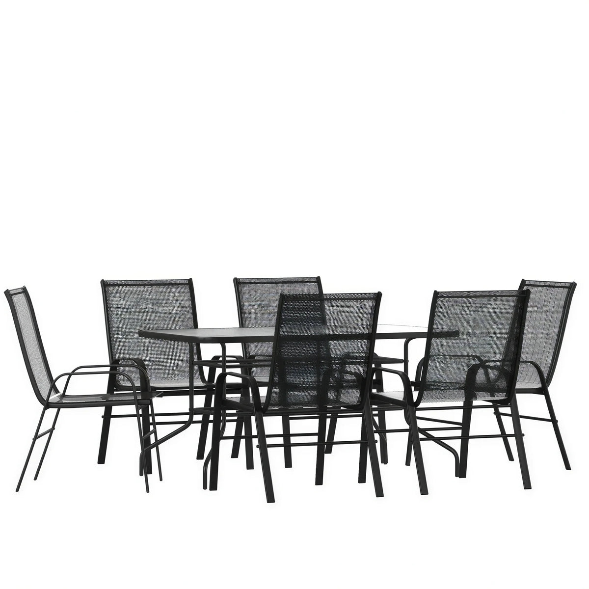 Flash Furniture TLH-089REC-303CBK6-GG 7-Piece Outdoor Patio Dining Set with 55-Inch Tempered Glass Table and 6 Black Flex Chairs