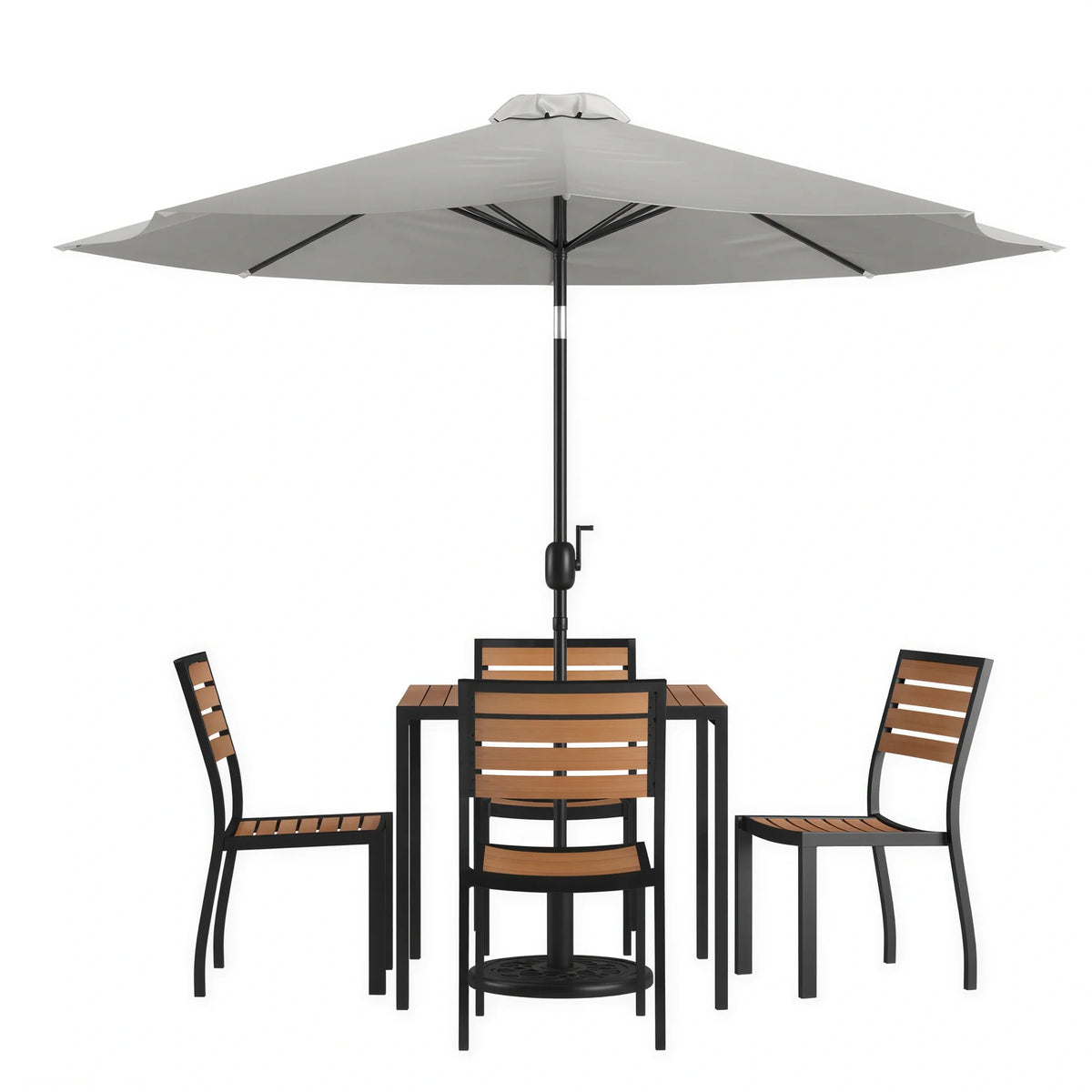 Flash Furniture XU-DG-810060364-UB19BGY-GG 35" Square Patio Dining Set with Synthetic Teak Table, Gray Umbrella, Base and 4 Chairs