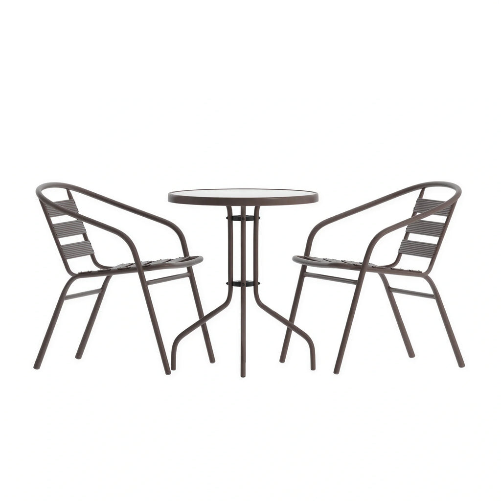Flash Furniture TLH-071RD-017CBZ2-GG Round Glass-Top Metal Table Set with 2 Bronze Aluminum Slat Stack Chairs