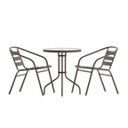Flash Furniture TLH-071RD-017CBZ2-GG Round Glass-Top Metal Table Set with 2 Bronze Aluminum Slat Stack Chairs