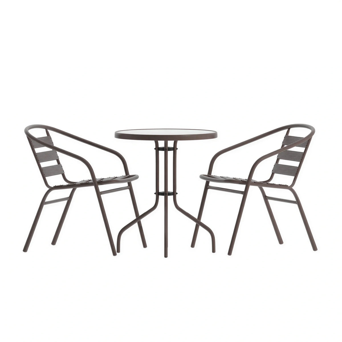 Flash Furniture TLH-071RD-017CBZ2-GG Round Glass-Top Metal Table Set with 2 Bronze Aluminum Slat Stack Chairs