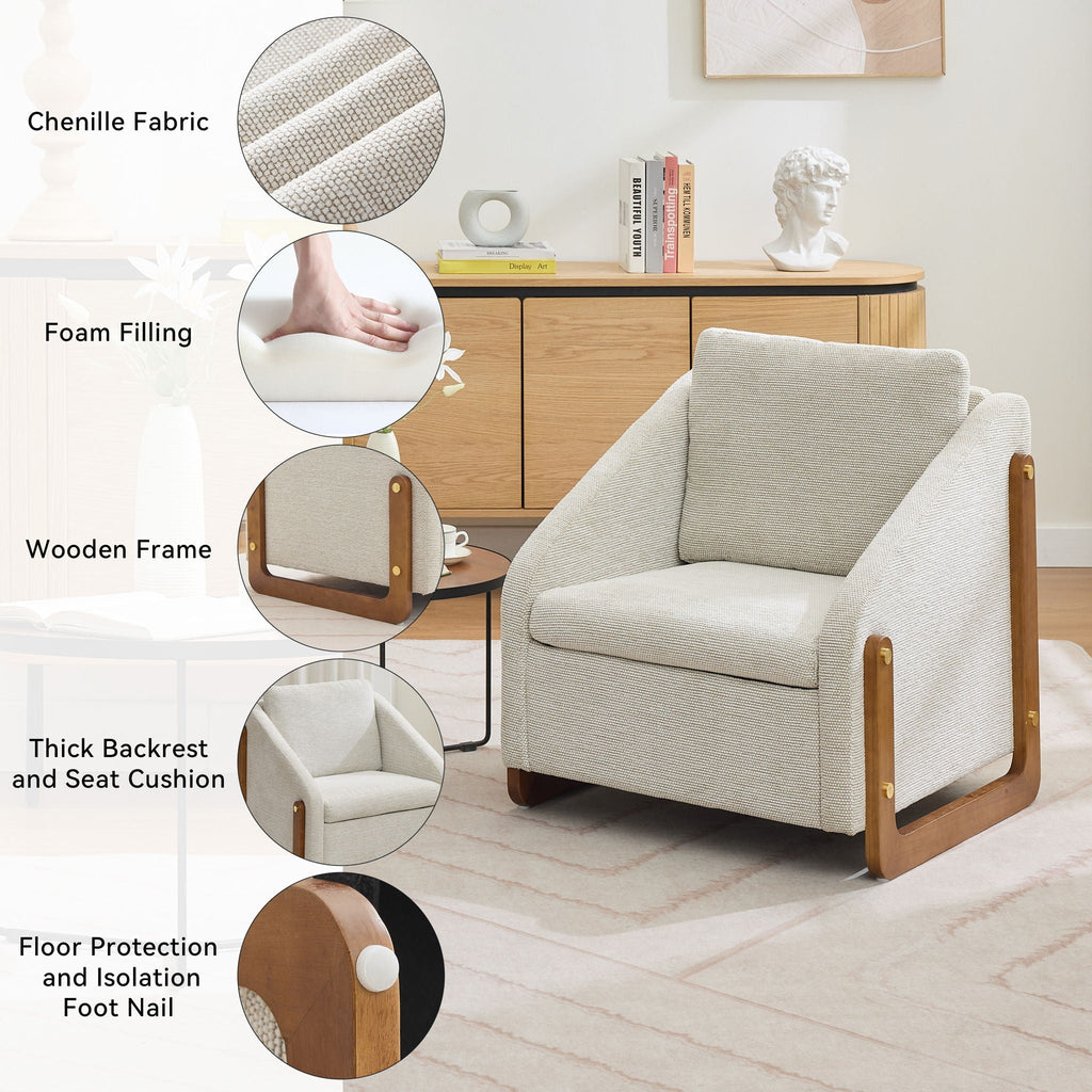 Modern Upholstered Armchair with Wooden Side Frame - Beige, Dark Gray, Blue