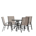 Flash Furniture TLH-0702303C-BN-GG 5-Piece Outdoor Patio Dining Set with 31.5-Inch Round Tempered Glass Table and 4 Brown Stack Chairs