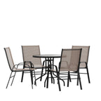 Flash Furniture TLH-0702303C-BN-GG 5-Piece Outdoor Patio Dining Set with 31.5-Inch Round Tempered Glass Table and 4 Brown Stack Chairs