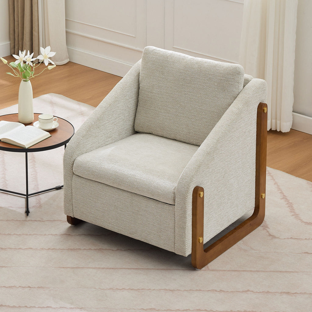Modern Upholstered Armchair with Wooden Side Frame - Beige, Dark Gray, Blue