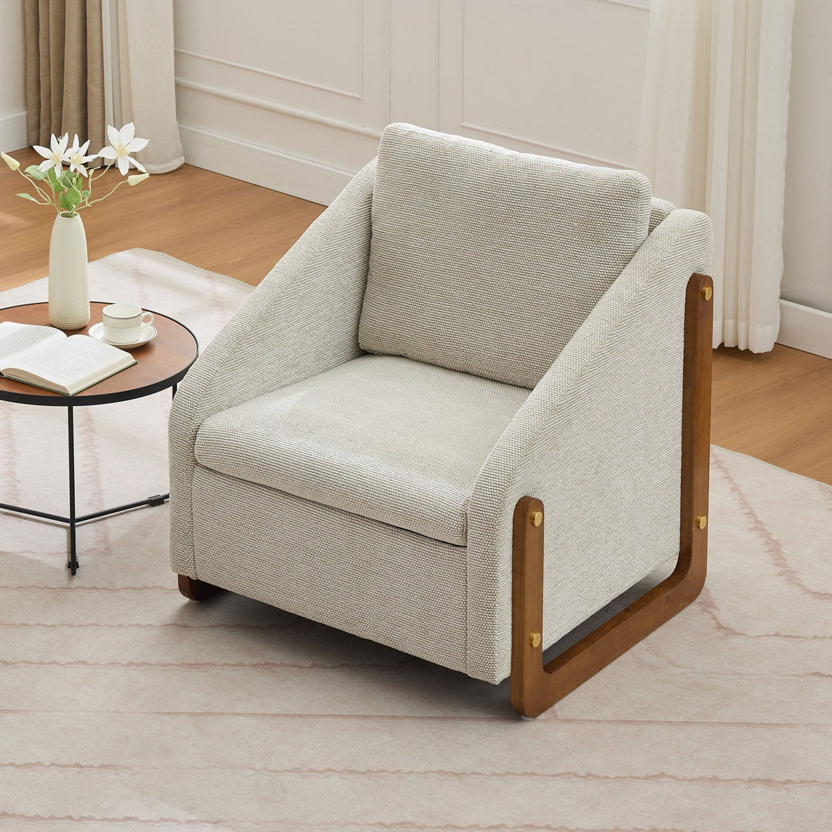 Modern Upholstered Armchair with Wooden Side Frame - Beige, Dark Gray, Blue