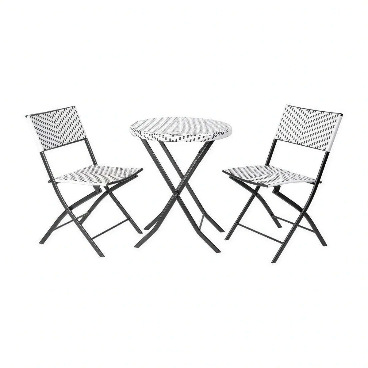Flash Furniture Rouen FV-FWA085-BLK-WHT-GG 3-Piece Foldable Round Bistro Set, 2 Chairs, Black/White PE Rattan, Black Steel Frames