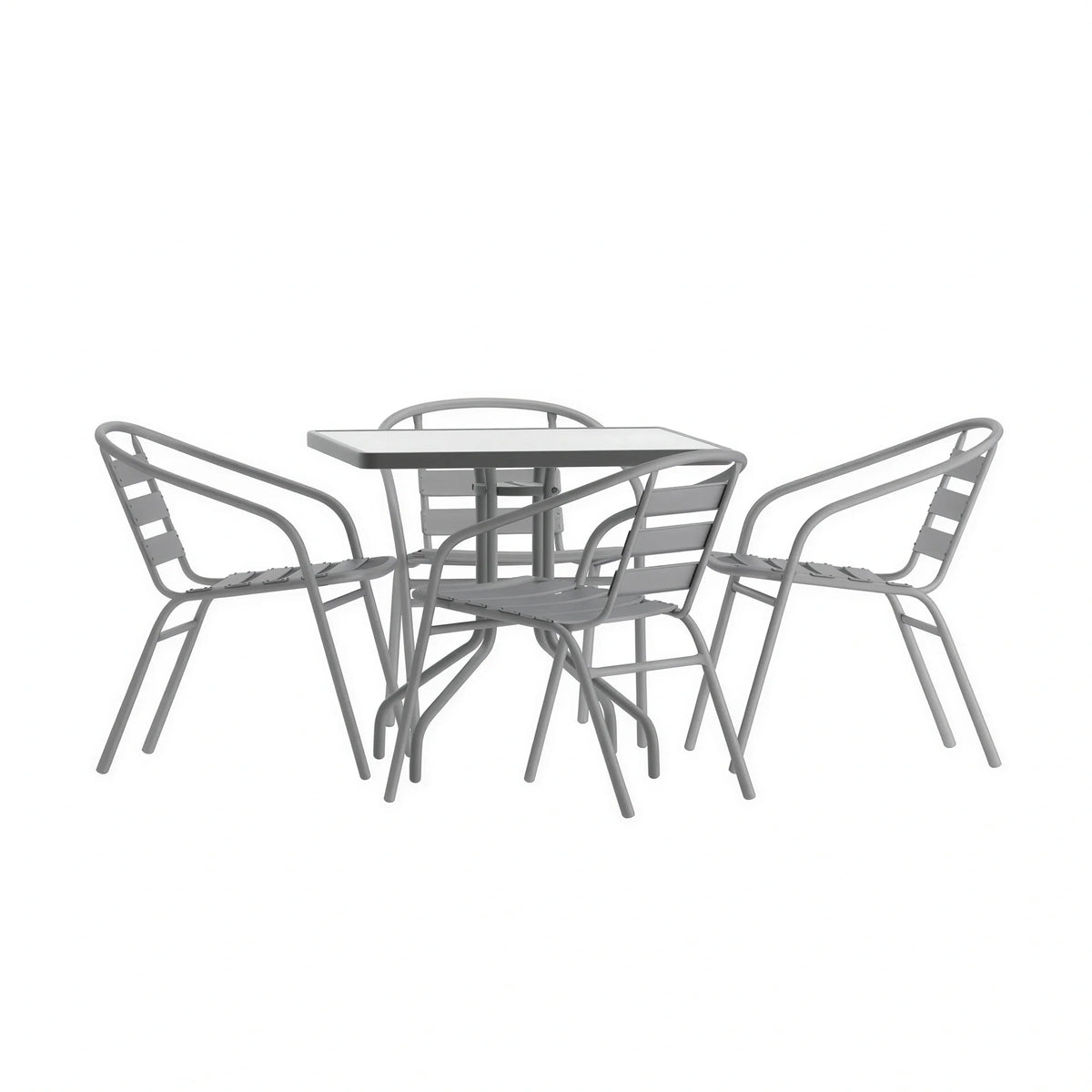 Flash Furniture TLH-0732SQ-017CSV4-GG Square Glass-Top Metal Table Set with 4 Silver Aluminum Slat Stack Chairs