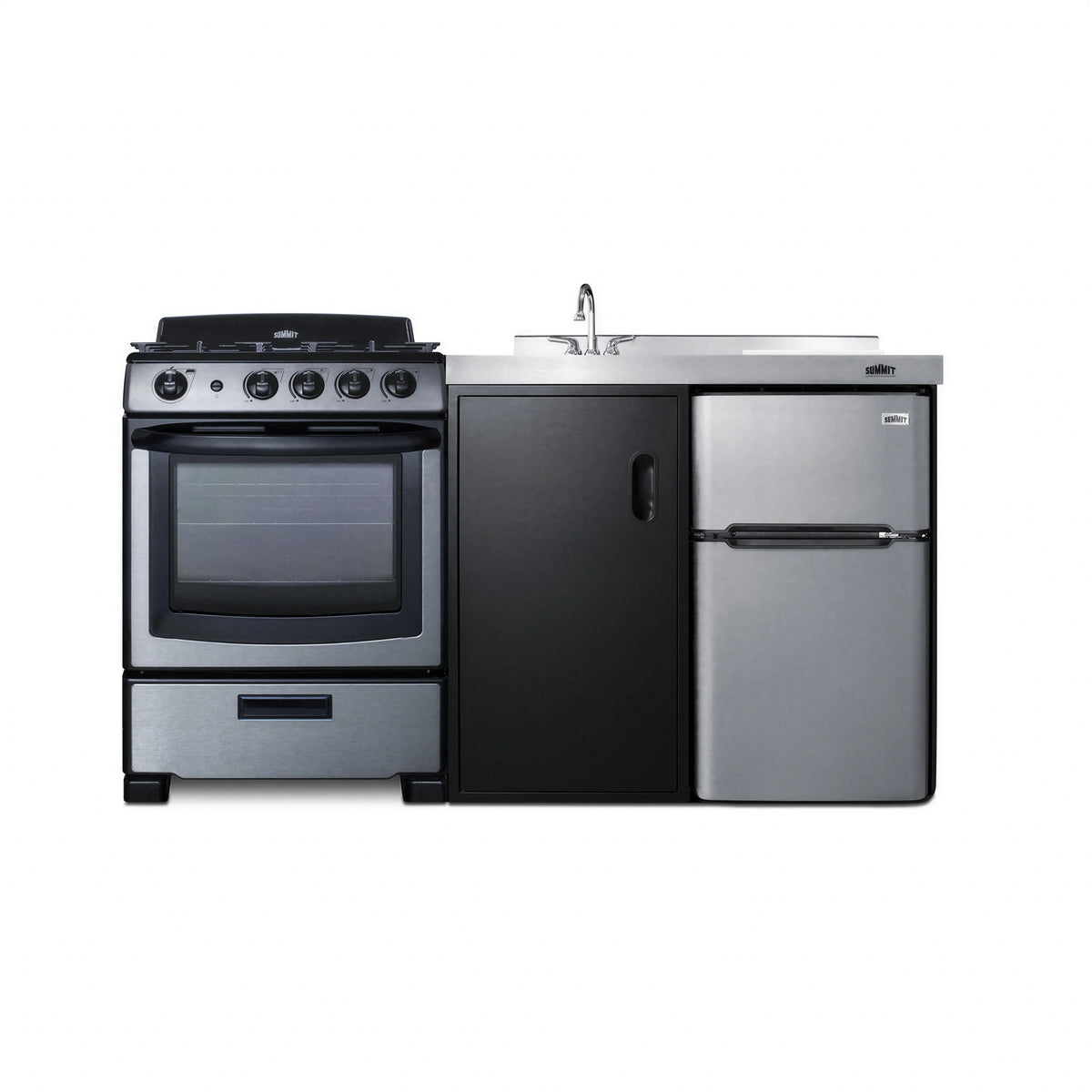 Summit Commercial Summit Appliance ACK63GASBSS 63-Inch All-in-One Kitchenette with Gas Range, Refrigerator, Sink & Stainless Steel Countertop