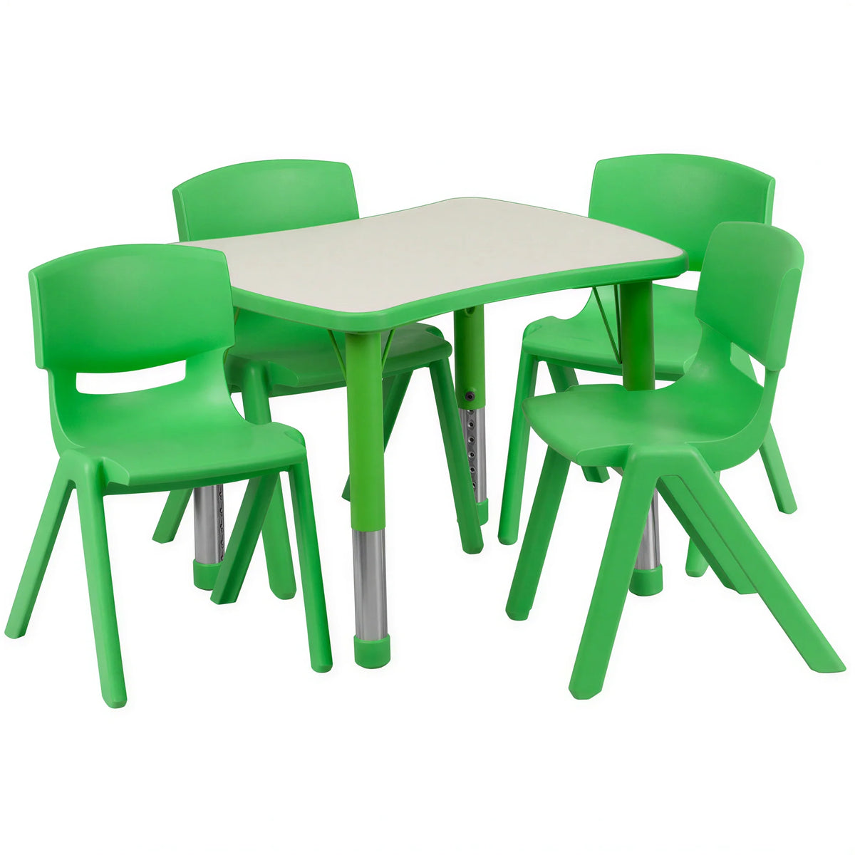 Flash Furniture YU-YCY-098-0034-RECT-TBL-GREEN-GG Preschool Rectangular Activity Table Set, Adjustable Height, 4 Stacking Chairs