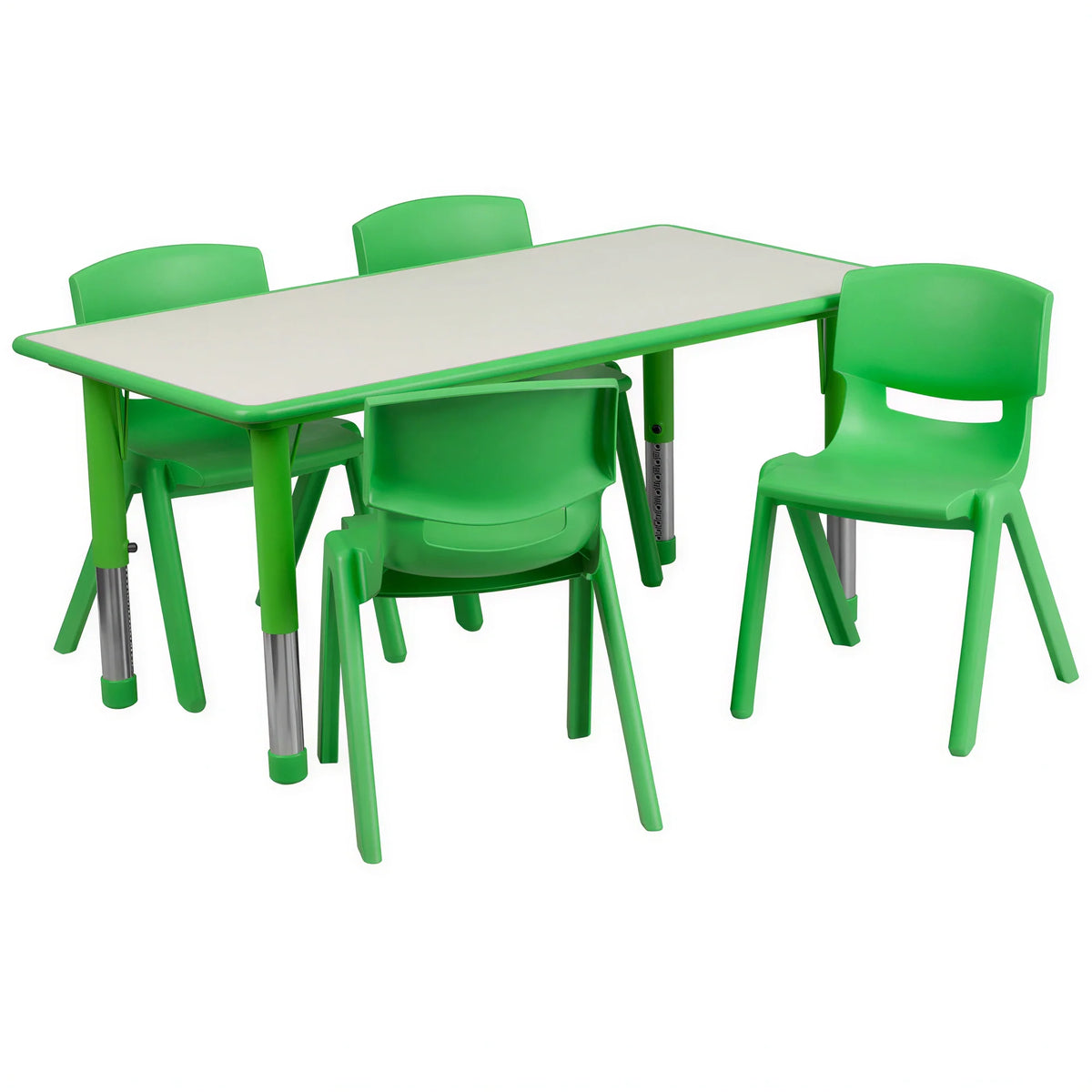 Flash Furniture YU-YCY-060-0034-RECT-TBL-GREEN-GG Preschool Rectangular Activity Table Set, Adjustable Height, 4 Stacking Chairs, Grey/Green