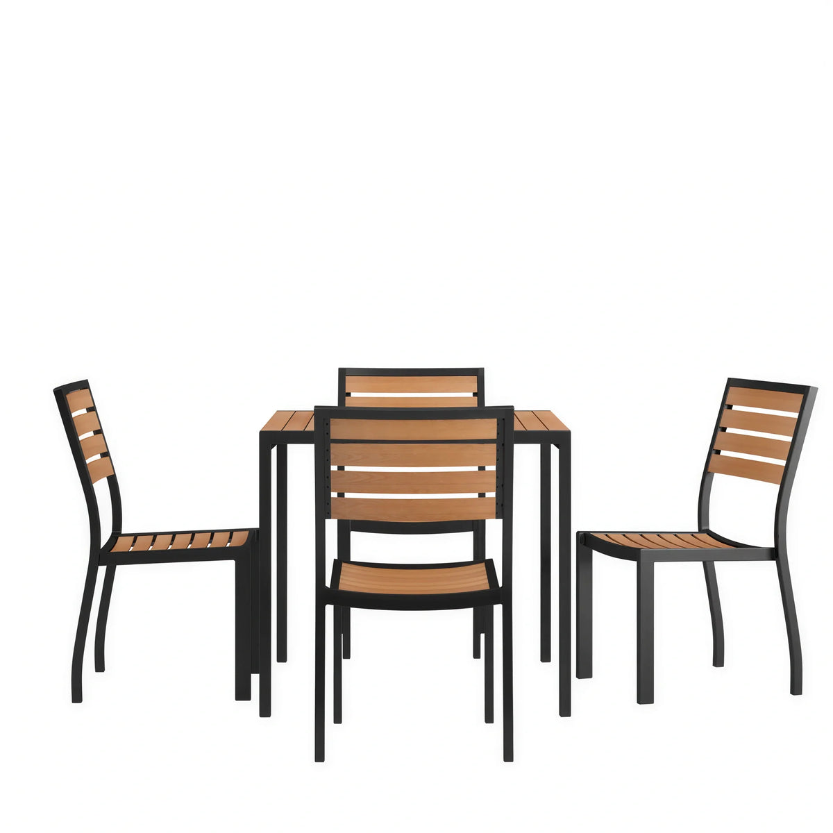 Flash Furniture XU-DG-810060364-GG 35" Square Patio Dining Table Set with Synthetic Teak Slotted Top, Umbrella Hole and 4 Stacking Chairs