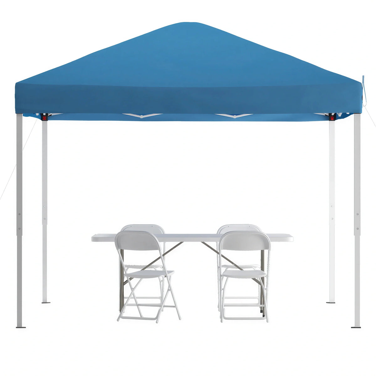 Flash Furniture JJ-GZ10183Z-4LEL3-BLWH-GG 10' x 10' Blue Pop-Up Canopy Tent, 6' Folding Table and 4 White Folding Chairs Set