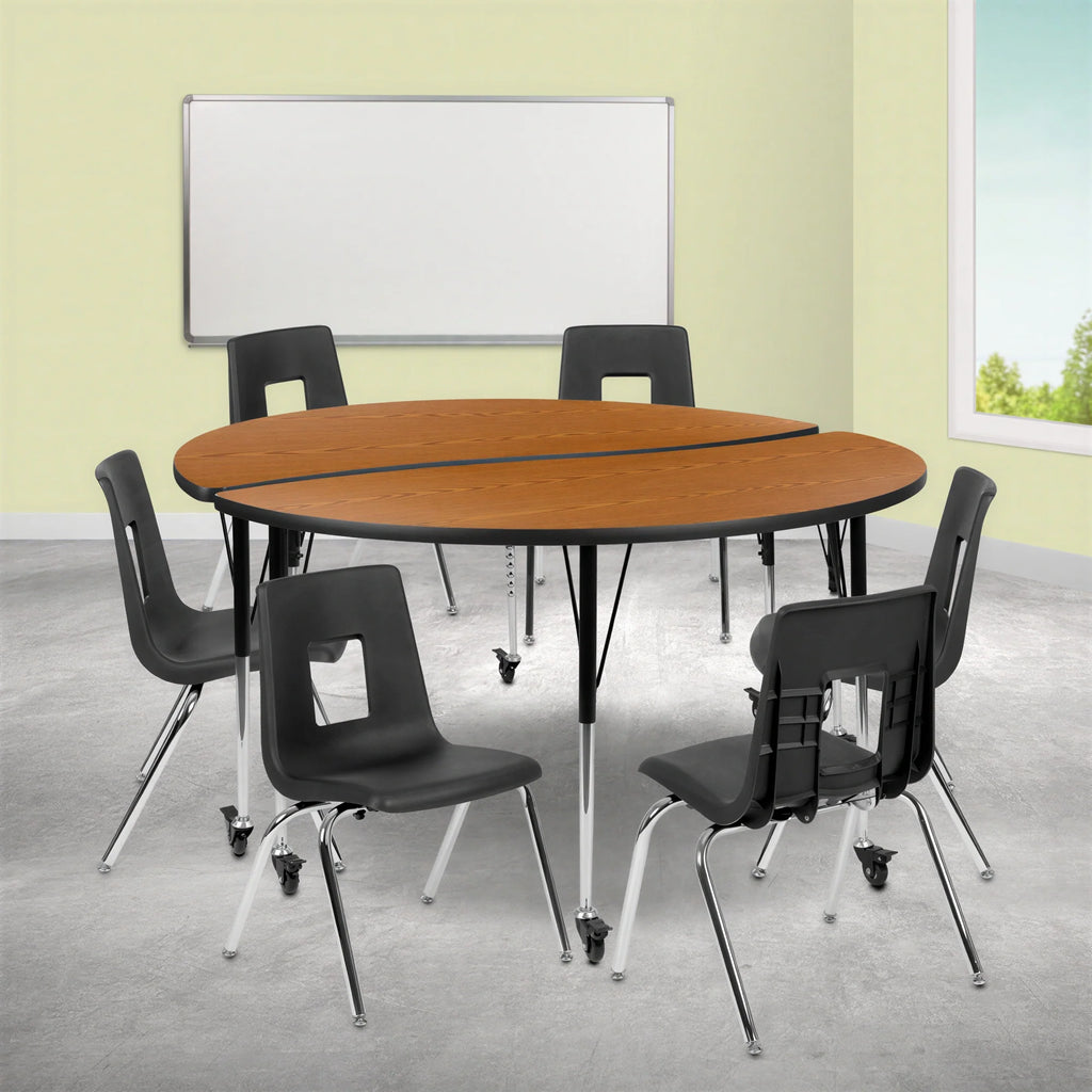 Flash Furniture Emmy XU-GRP-18CH-A60-HCIRC-OAK-T-A-CAS-GG 60" Round Laminate Activity Table and 6 Stack Chairs, Adjustable Height