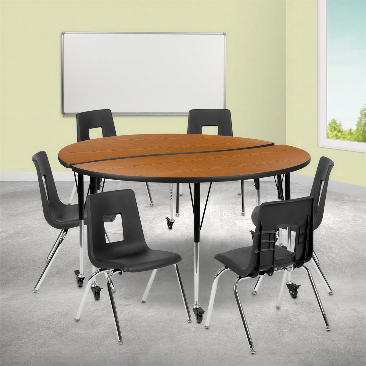 Flash Furniture Emmy XU-GRP-18CH-A60-HCIRC-OAK-T-A-CAS-GG 60" Round Laminate Activity Table and 6 Stack Chairs, Adjustable Height