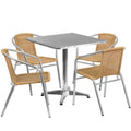 Flash Furniture TLH-ALUM-28SQ-020BGECHR4-GG Square Stainless Steel Table with 4 Beige Rattan Stacking Chairs